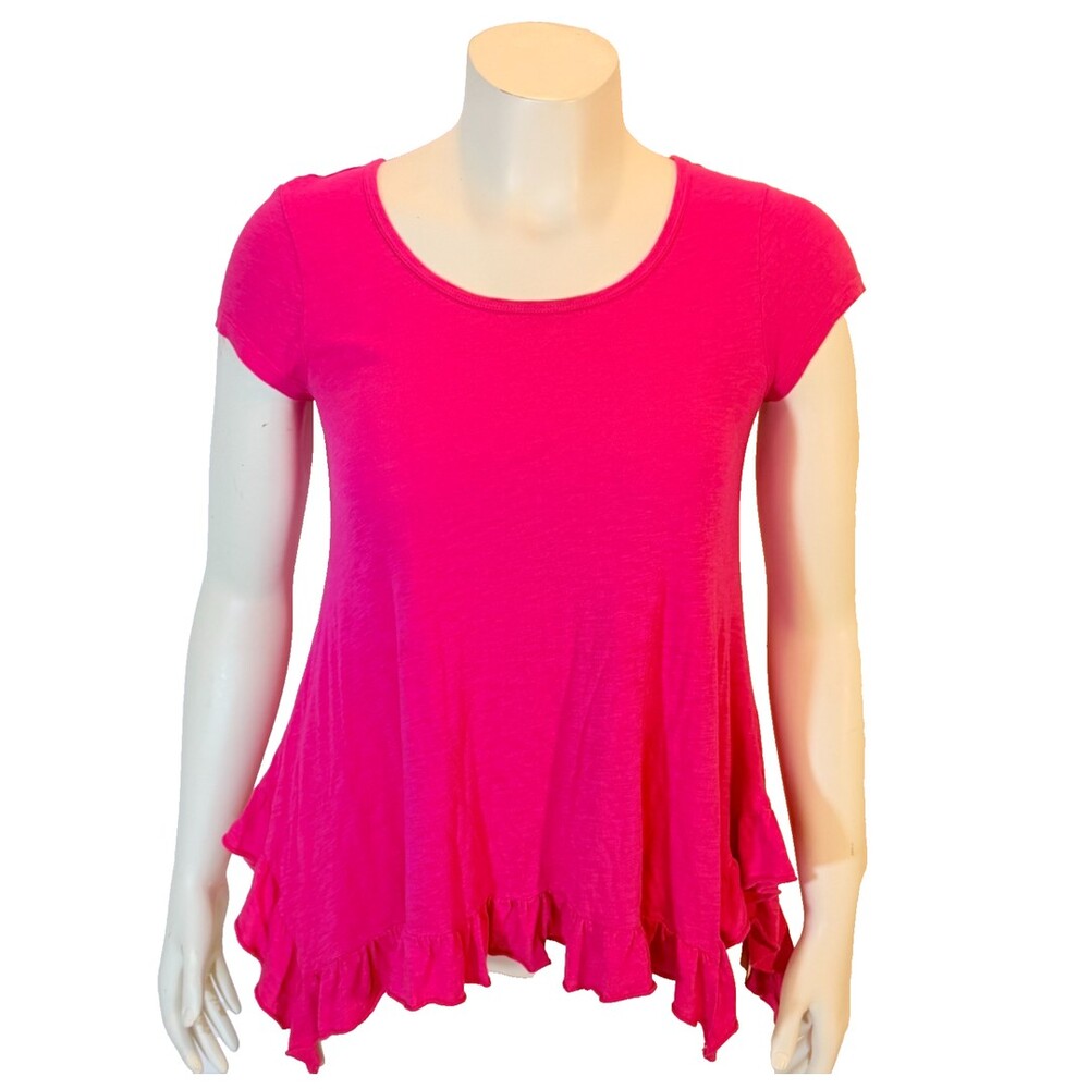 Cupio Short Sleeve Top Women's L Coral Red Scoop Neck Flared Ruffle Flounce
